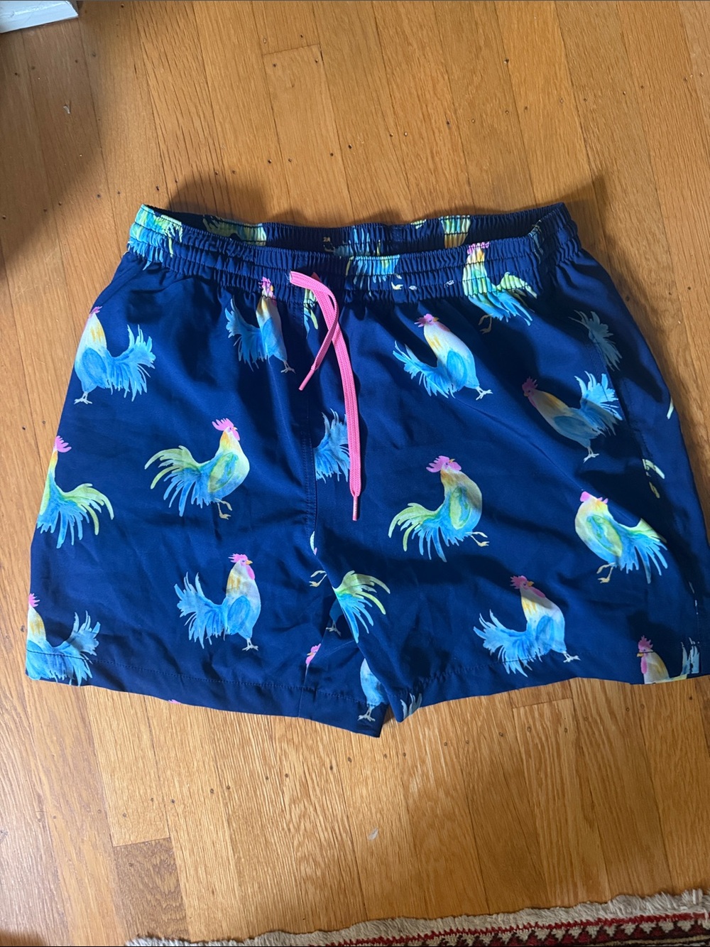 chubbies Navy Swim Trunks with Multicolor Rooster Print
